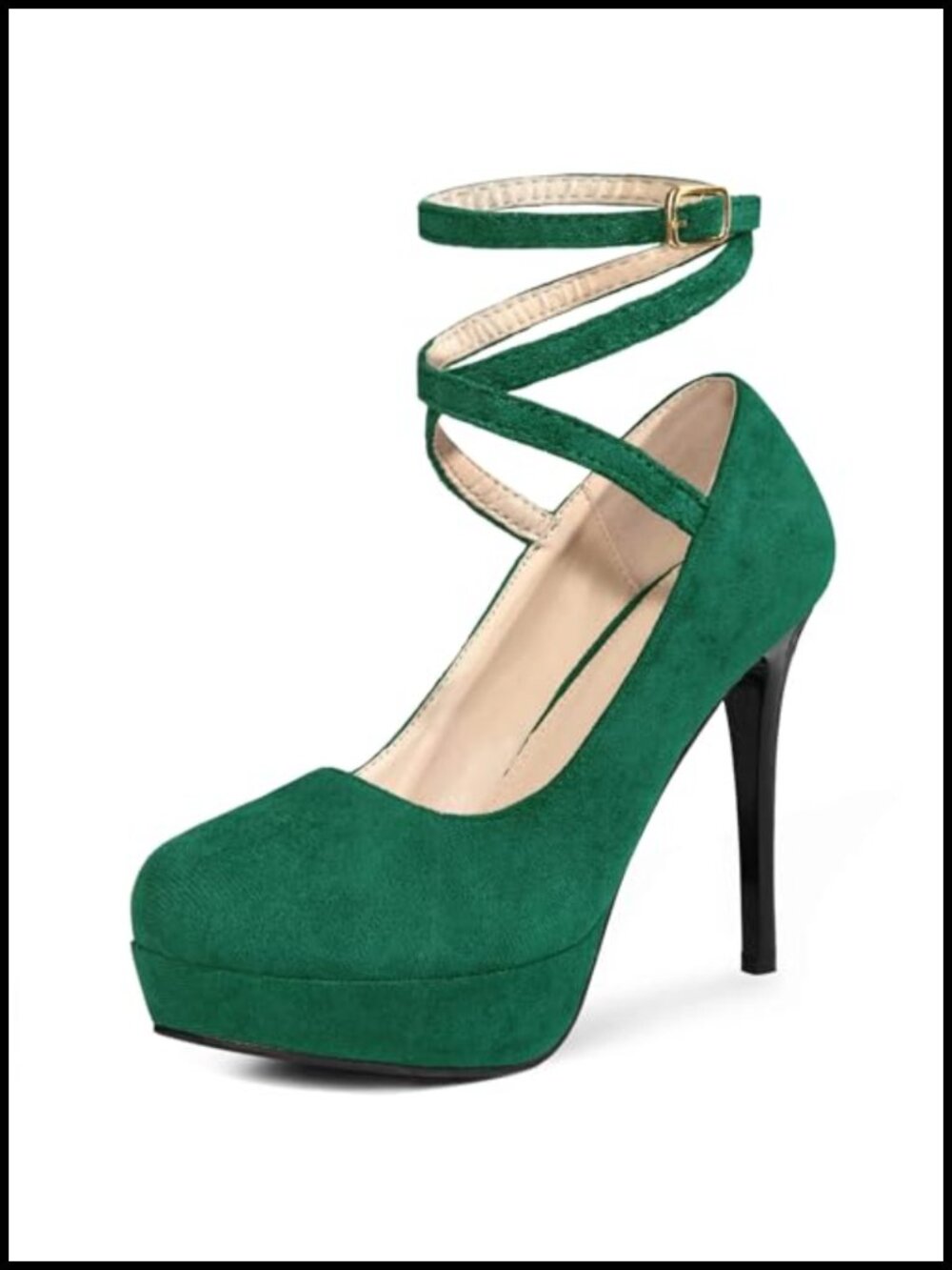 Platform Stiletto High Heels Ankle Strap Black Pumps Faux Suede Women